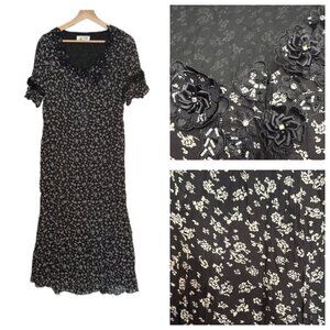 Floral Applique Beaded Sheer Black Floral Crinkle Fabric Fairy Midi Dress Sz8